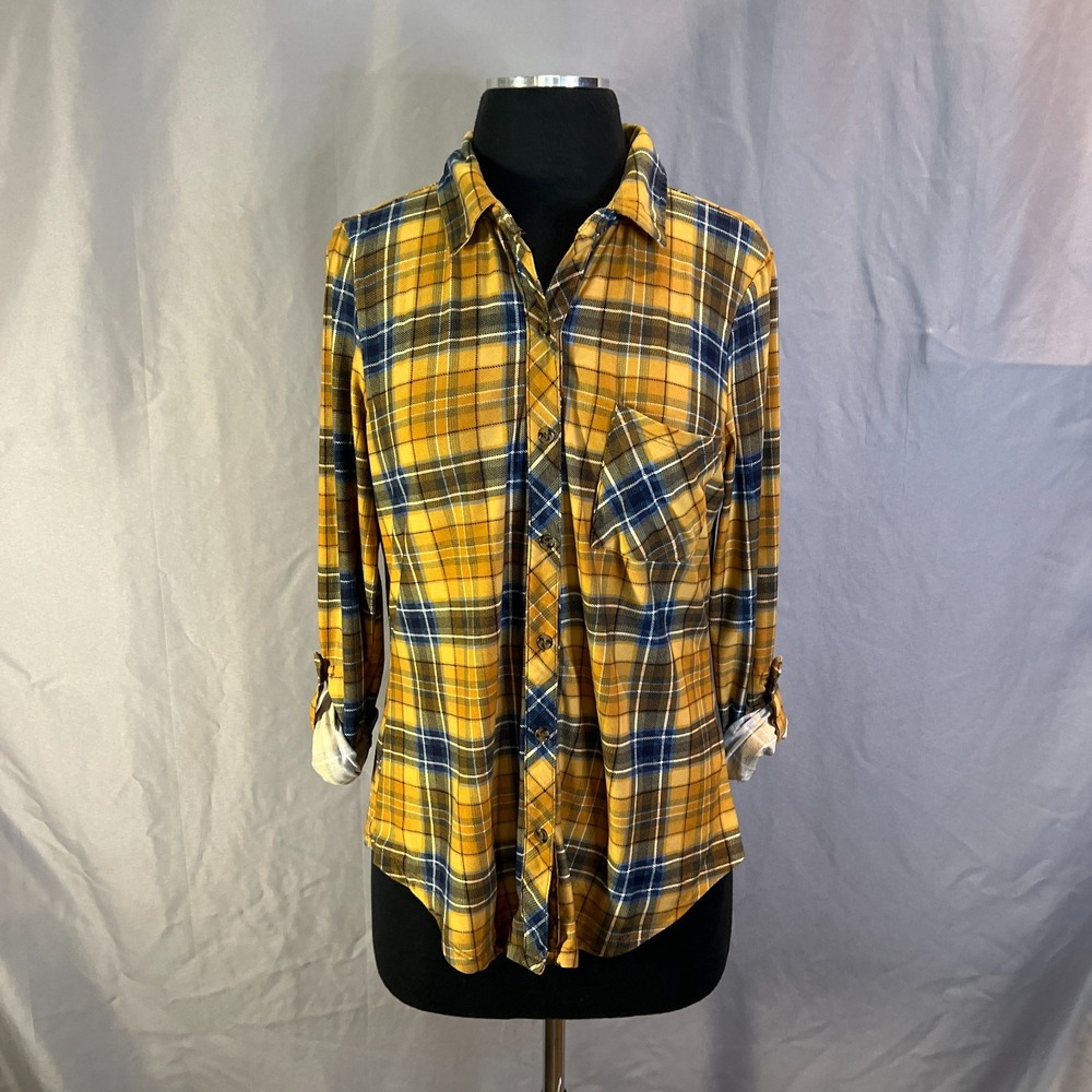 No Comment Flannel Shirt Women Medium Yellow Black Plaid Roll Tab Sleeve Western